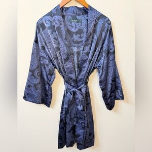 Lauren Ralph Lauren Paisley Satin Robe Small Blue Gray Kimono Tie Waist